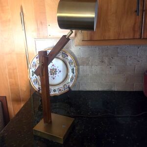 Vtg Wooden Industrial Shop  Desk Lamp Drafting Light Brass Adjustable  great dec